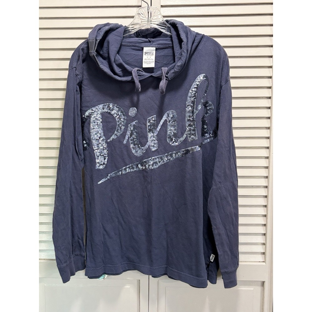 VS PINK Bluish Gray Sequins Hoodie Sweatshirt Size M Long Sleeve Logo Graphic